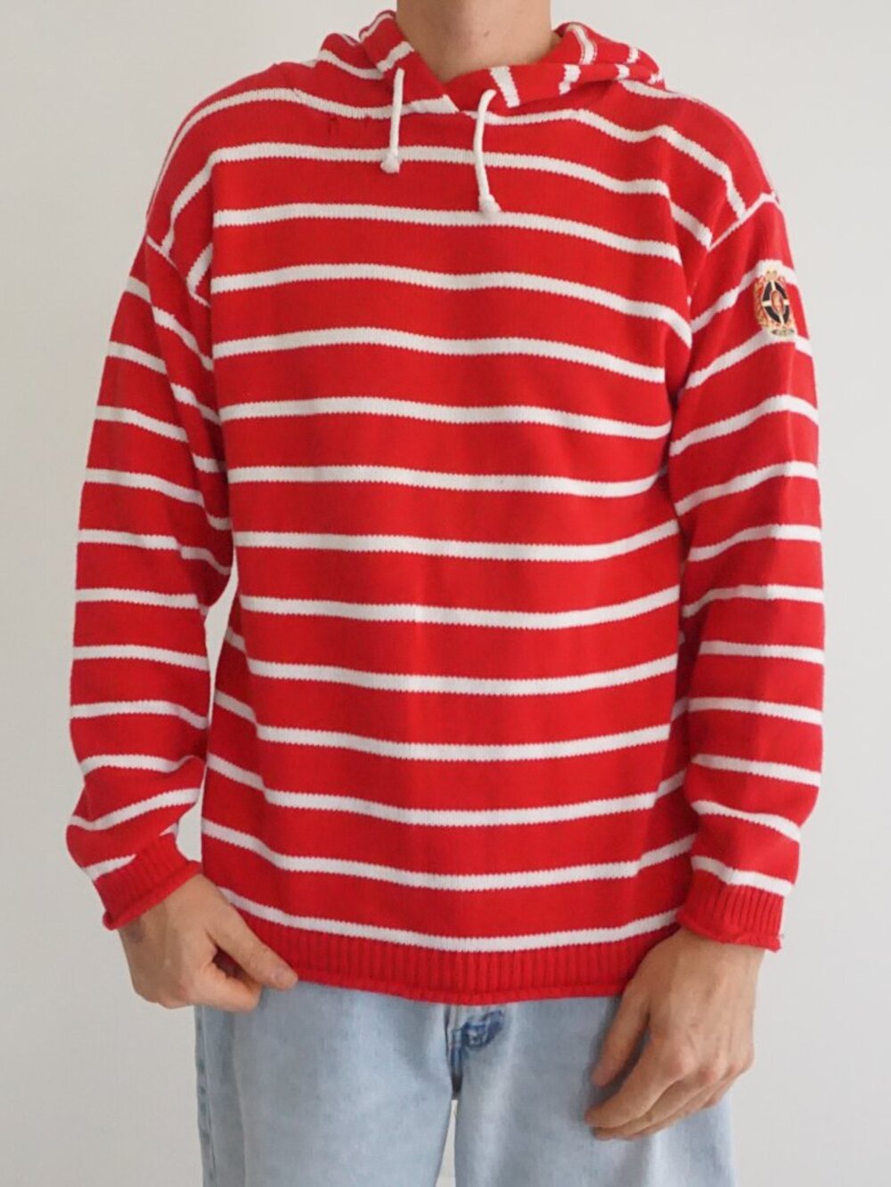Vintage K&B Red White Striped Rugby Nautical Varsity Preppy Cotton Knit Hoodie M